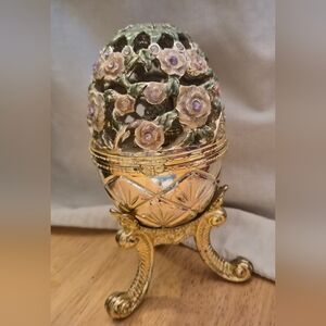 Decorative Vintage Enameled Brass Fabrerge Egg With Rhinestones Opens Music Box